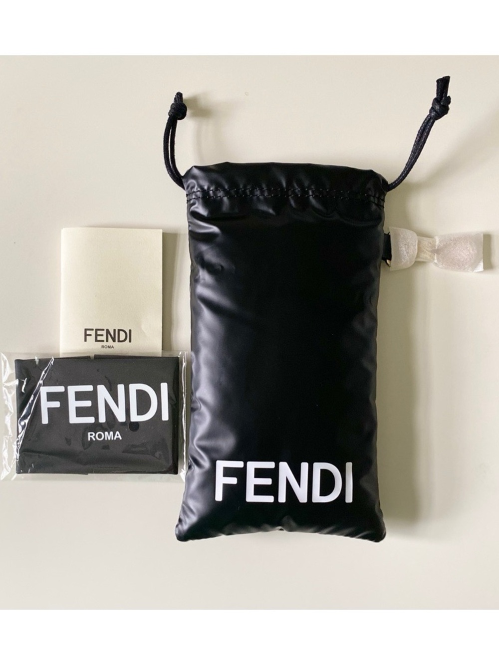 Fendi Black Drawstring Logo Pouch with White Branding